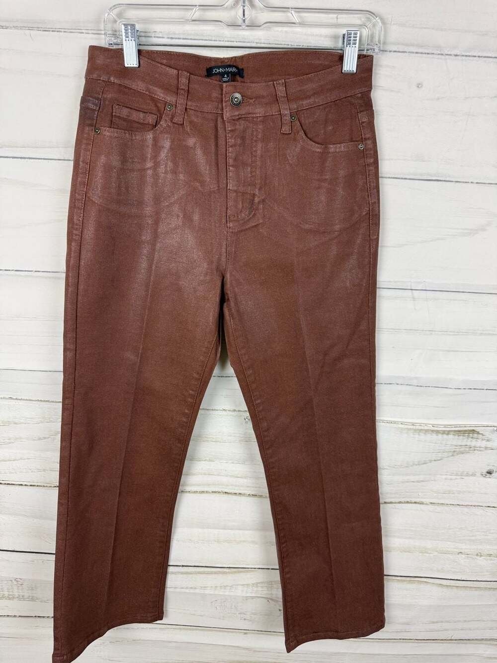 John Mark Brown Coated Metallic Shimmer Pants Size 4